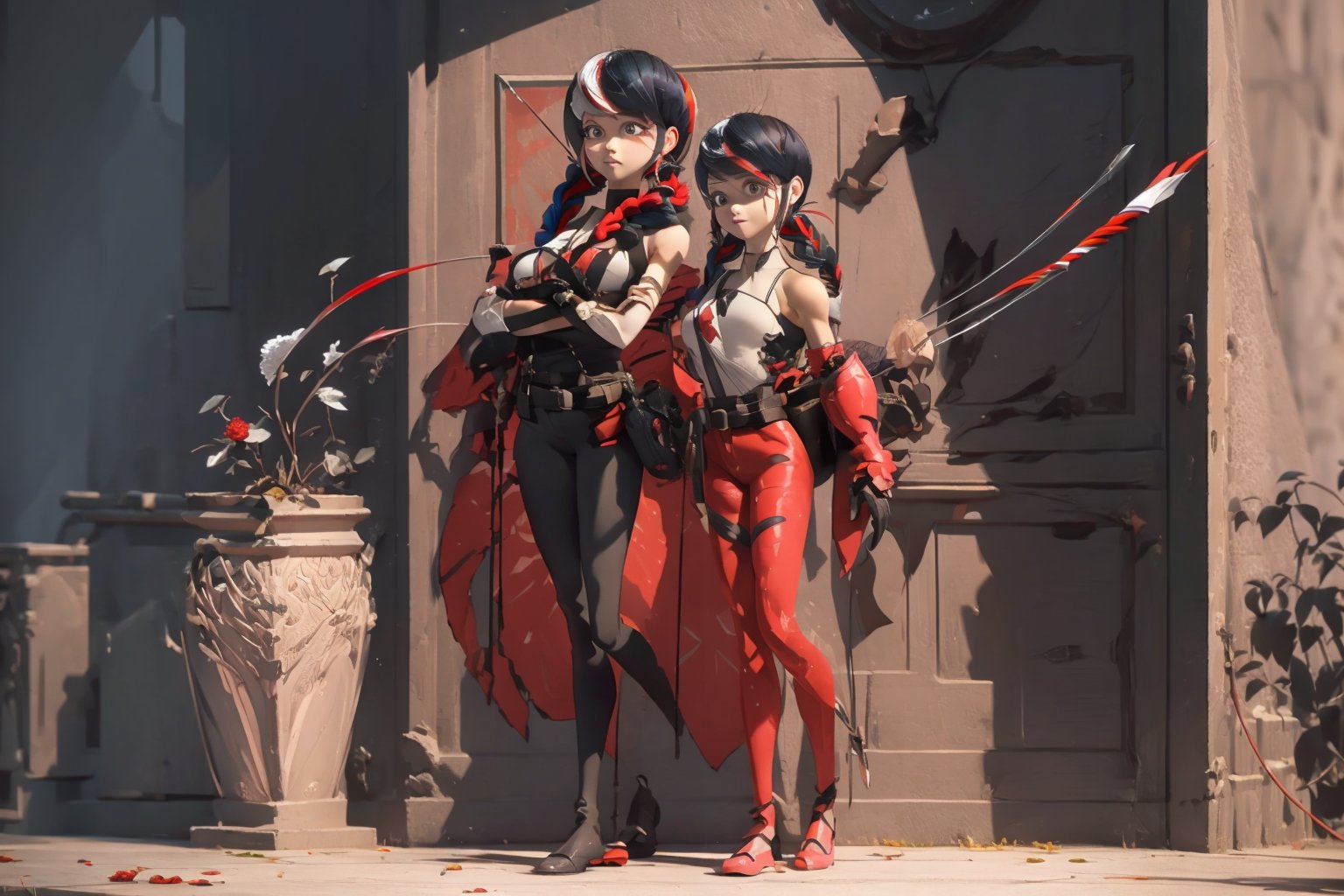 Hyperrealistic, photorealistic, super detailed, volumetric lighting, {vine-covered fortress wall with roses growing along it}, ((full body view)), Marinette Dupain-Cheng standing near gates in a wall (wearing leather armour with metal shoulderpads) and (holding a hunter's bow), ((black hair in tight braid with red streak)), {{concerned look}}, dark circles under eyes, muscular physique, tanned skin, fingerless gloves, medium breasts