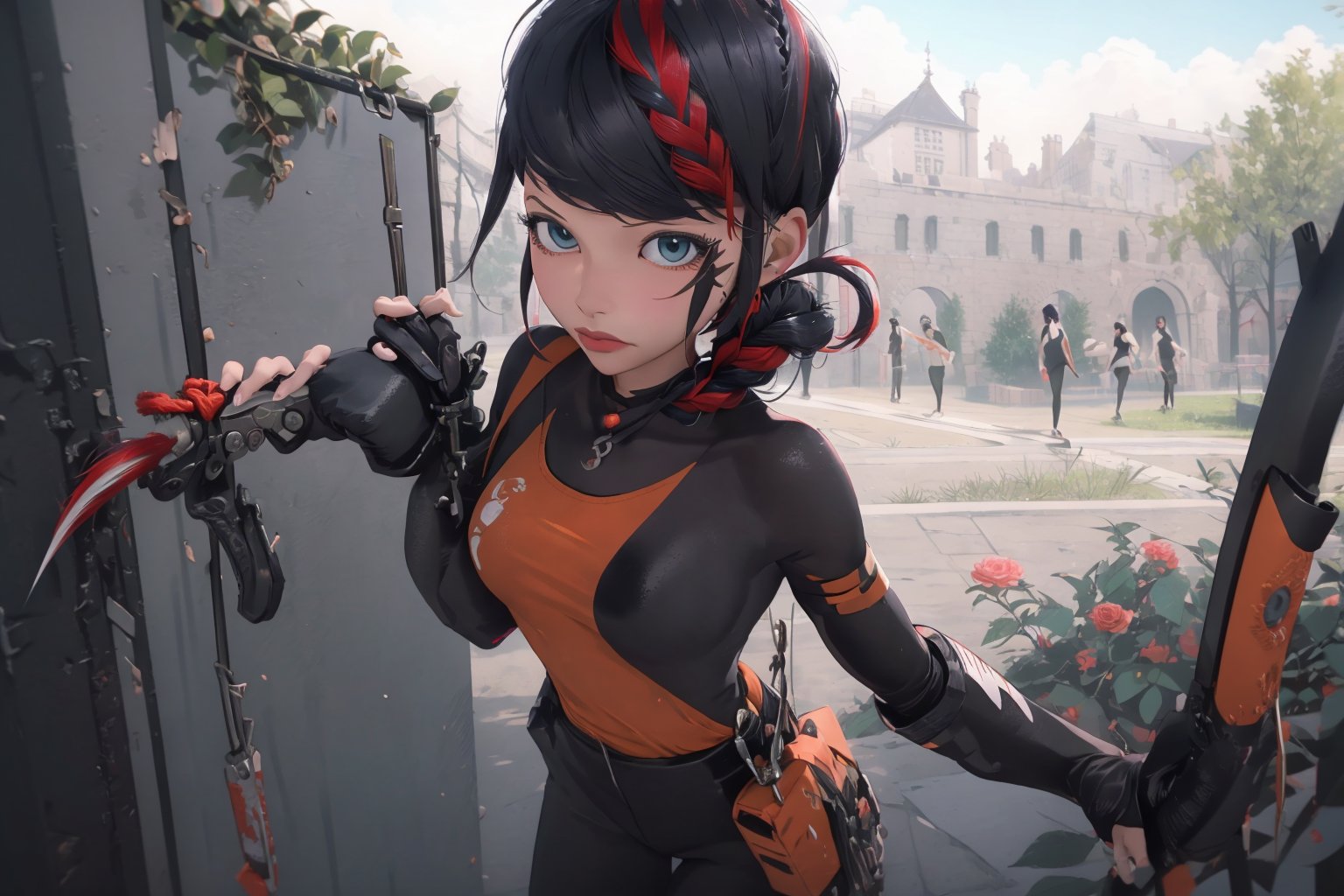 Hyperrealistic, photorealistic, super detailed, volumetric lighting, vine-covered fortress wall with roses growing along it, {{full body view}}, Marinette Dupain-Cheng standing near gates in a wall (wearing chainrings armour) and (holding a hunter's bow), ((black hair in tight braid with red streak)), {{concerned look}}, dark circles under eyes, muscular physique, tanned skin, fingerless gloves, medium breasts