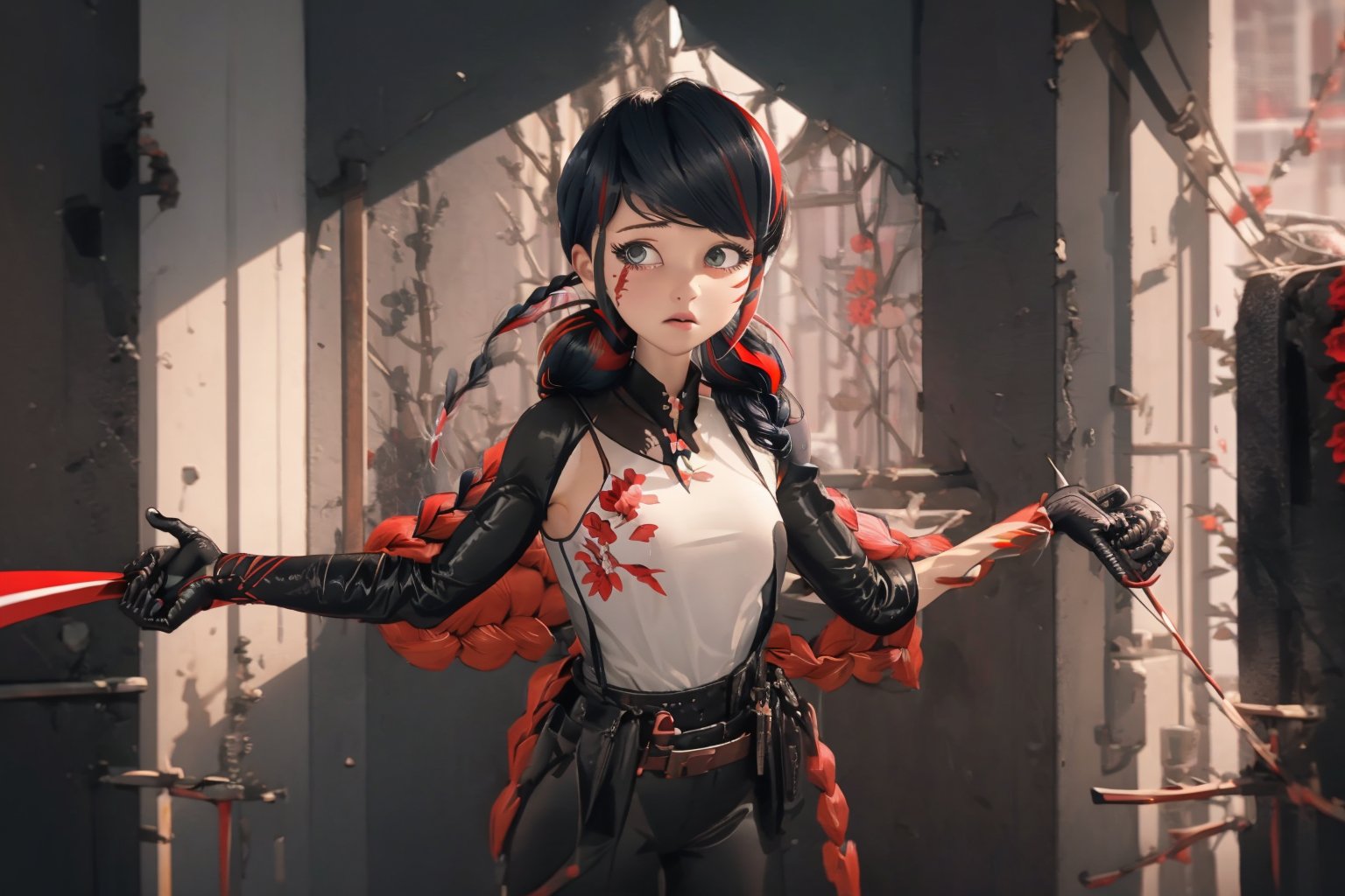 Hyperrealistic, photorealistic, super detailed, volumetric lighting, vine-covered fortress wall with roses growing along it, {{full body view}}, Marinette Dupain-Cheng standing near gates in a wall (wearing leather armour with metal shoulderpads) and (holding a hunter's bow), ((black hair in tight braid with red streak)), {{concerned look}}, dark circles under eyes, muscular physique, tanned skin, fingerless gloves, medium breasts