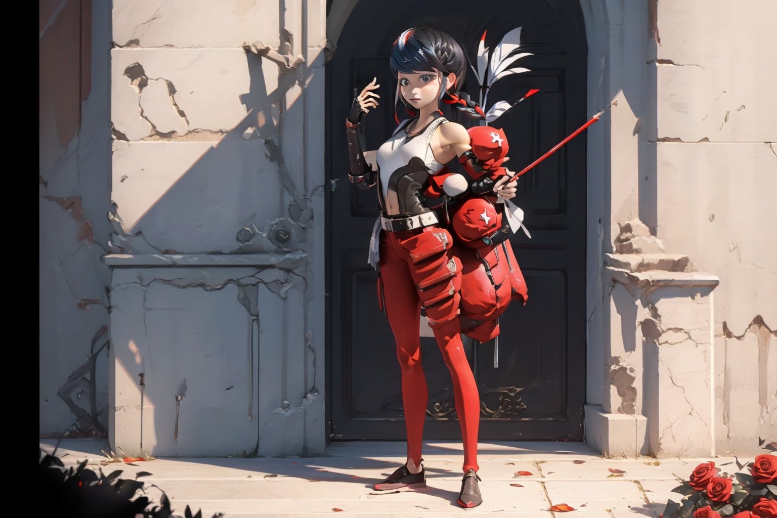 Hyperrealistic, photorealistic, super detailed, volumetric lighting, {vine-covered fortress wall with roses growing along it}, ((full body view)), Marinette Dupain-Cheng standing near gates in a wall (wearing leather armour with metal shoulderpads) and (holding a hunter's bow), ((black hair in tight braid with red streak)), {{concerned look}}, dark circles under eyes, muscular physique, tanned skin, fingerless gloves, medium breasts