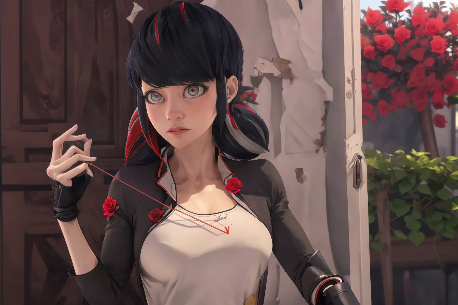 Hyperrealistic, photorealistic, super detailed, volumetric lighting, vine-covered fortress wall with roses growing along it, {{full body view}}, Marinette Dupain-Cheng standing near gates in a wall (wearing chainrings armour) and (holding a hunter's bow), ((black hair in tight braid with red streak)), {{concerned look}}, dark circles under eyes, muscular physique, tanned skin, fingerless gloves, medium breasts