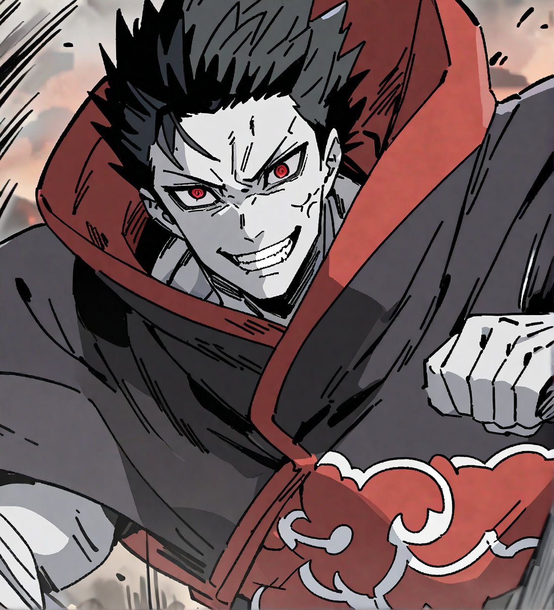 score_9,1boy, male, solo, upper body, focus male, short hair,   black hair, baggy eyes , muscle body, red eyes, colored skin,  pale grey skin,  Beautiful eyes, defined body, dark colors, kimono,  akatsuki cloak, black cloths with red clouds, akatsuki cloths,loose clothing, detailed eyes, cloak, angry face, smile, looking at the viewer,Zombieman, battle position, battle, attack, martial artist, fight, movement lines, wind lines, move effect