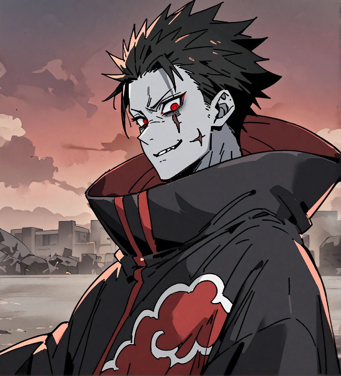 score_9,1boy, male, solo, upper body, focus male, short hair,   black hair, baggy eyes , muscle body, red eyes, colored skin,  pale grey skin,  Beautiful eyes, defined body, dark colors, kimono,  akatsuki cloak, black cloths with red clouds, akatsuki cloths,loose clothing, detailed eyes, cloak, angry face, smile, looking at the viewer,Zombieman