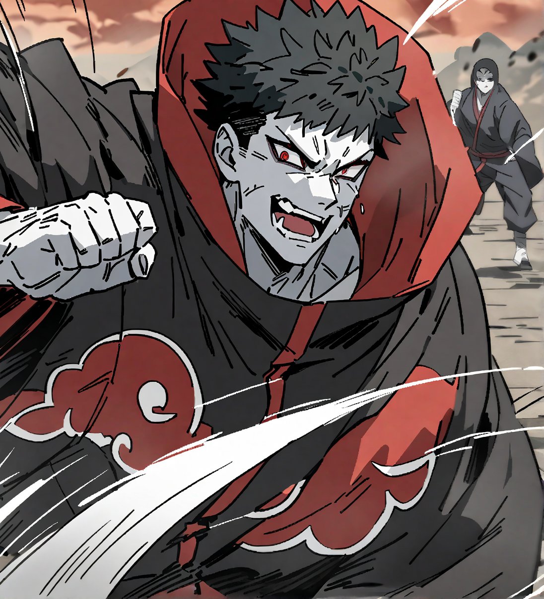 score_9,1boy, male, solo, upper body, focus male, short hair,   black hair, baggy eyes , muscle body, red eyes, colored skin,  pale grey skin,  Beautiful eyes, defined body, dark colors, kimono,  akatsuki cloak, black cloths with red clouds, akatsuki cloths,loose clothing, detailed eyes, cloak, angry face, smile, Zombieman, battle position, battle, attack, martial artist, fight, movement lines, wind lines, move effect