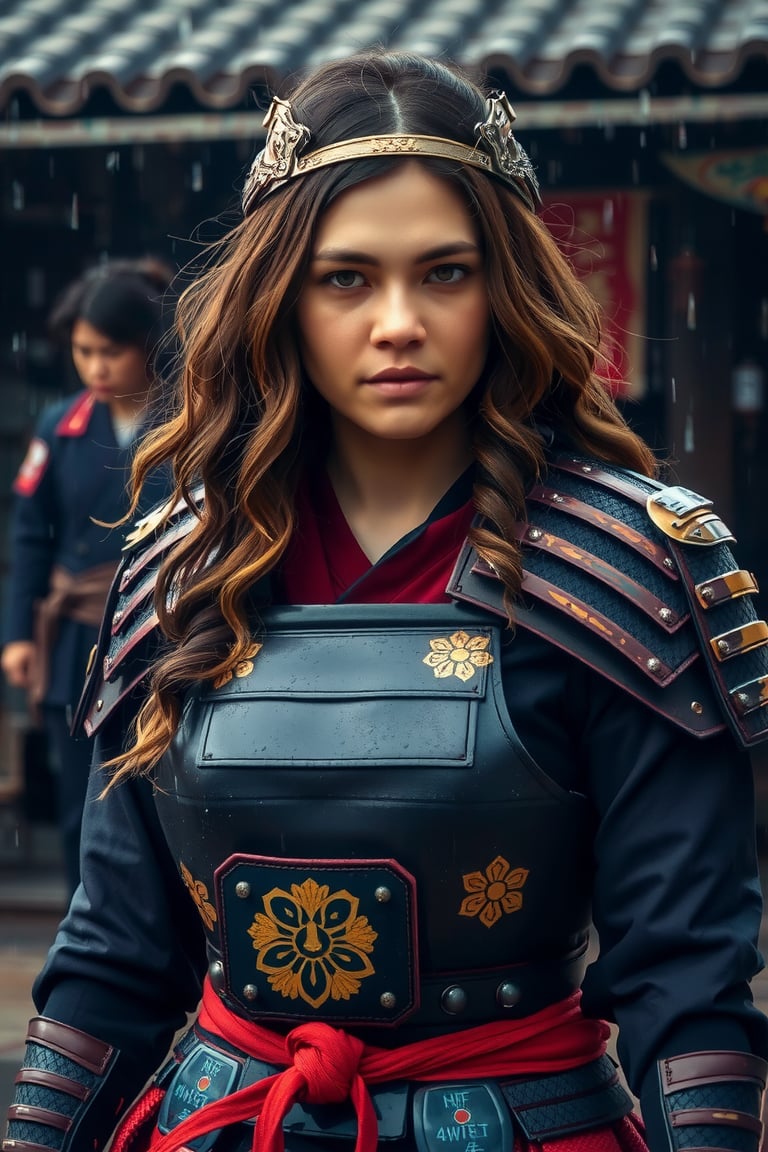 A 1chulita samurai warrior in an outdoor setting under light rain. 1chulita has long hair that falls on either side of her face, with loose strands framing her determined and focused expression. 1chulita wears an ornamental headband on her head, with metallic-toned detailing.
1chulita is equipped with traditional Japanese samurai armor, which combines dark tones with intricate gold detailing in the form of flowers and decorative patterns. The armor covers her torso, shoulders, and arms, and has several overlapping layers, giving her a rugged yet elegant appearance. The belt has a prominent red knot, which adds contrast to the dark and gold tones of her outfit.
The background is somewhat blurred, suggesting a traditional Japanese setting, perhaps a dojo or an ancient village, and the rainy weather adds an atmosphere of tension and drama to the scene. The warrior appears to be ready for a battle or confrontation, with a firm and determined stance. 1chulita has long, wavy hair. It is dark brown with golden highlights. 1chulita wears a simple hairstyle, with a part in the middle and the ends slightly turned outwards with some curls and waves. DSLR, cinematic photo, photorealistic, RAW photo, HDR, UHD, 64K, dynamic angle, cinematic, sharp focus, insane details, highly detailed, masterpice