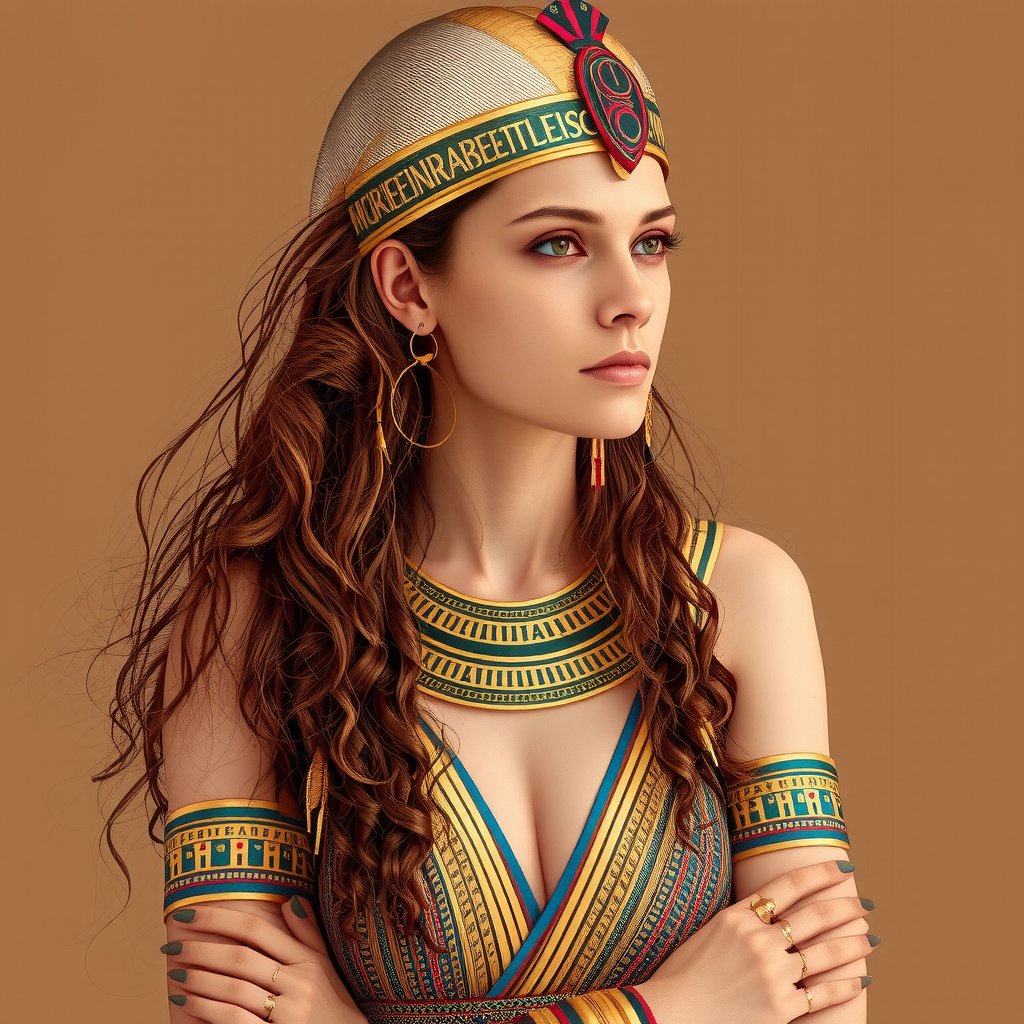 sexy 1ile with Egyptian hairstyle and clothing of the ancient dynasty of Rases, with hieroglyphic decoration on her arms
Professional photography, DSLR, cinematic photo, photorealistic, RAW photo, HDR, UHD, 64K, dynamic angle, cinematic, sharp focus, insane details, highly detailed, masterpice