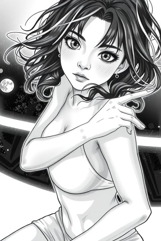 Anime style drawing, where you can see the pencil strokes of 1ile in a sexy pose, using the look and clothing characteristic of Japanese manga in a typical space anime environment.