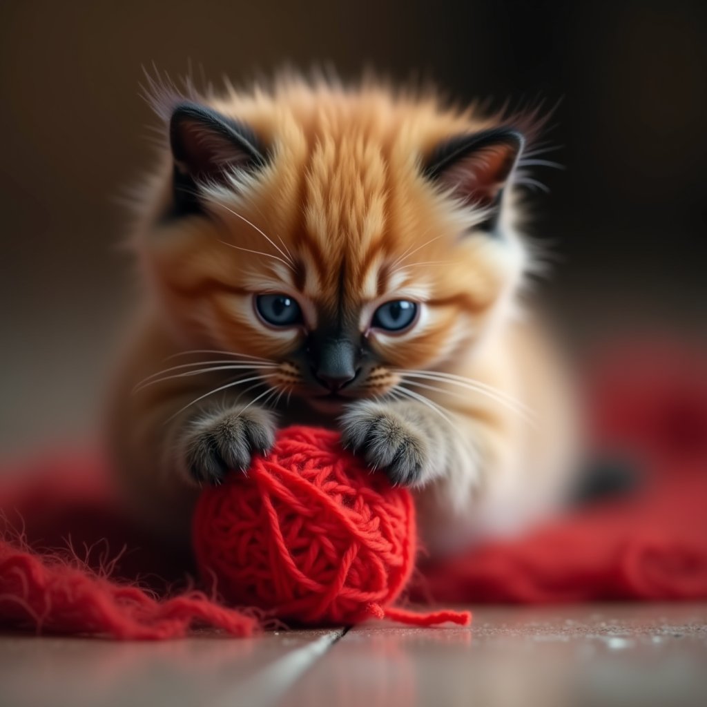 Newborn orange Persian cat kitten.
The kitten has black ears and a flat snout.
The kitten is playing with a red ball of wool.
very tender scene.
Professional photography, DSLR, cinematic photo, photorealistic, RAW photo, HDR, UHD, 64K, dynamic angle, cinematic, sharp focus, insane details, highly detailed, masterpice
