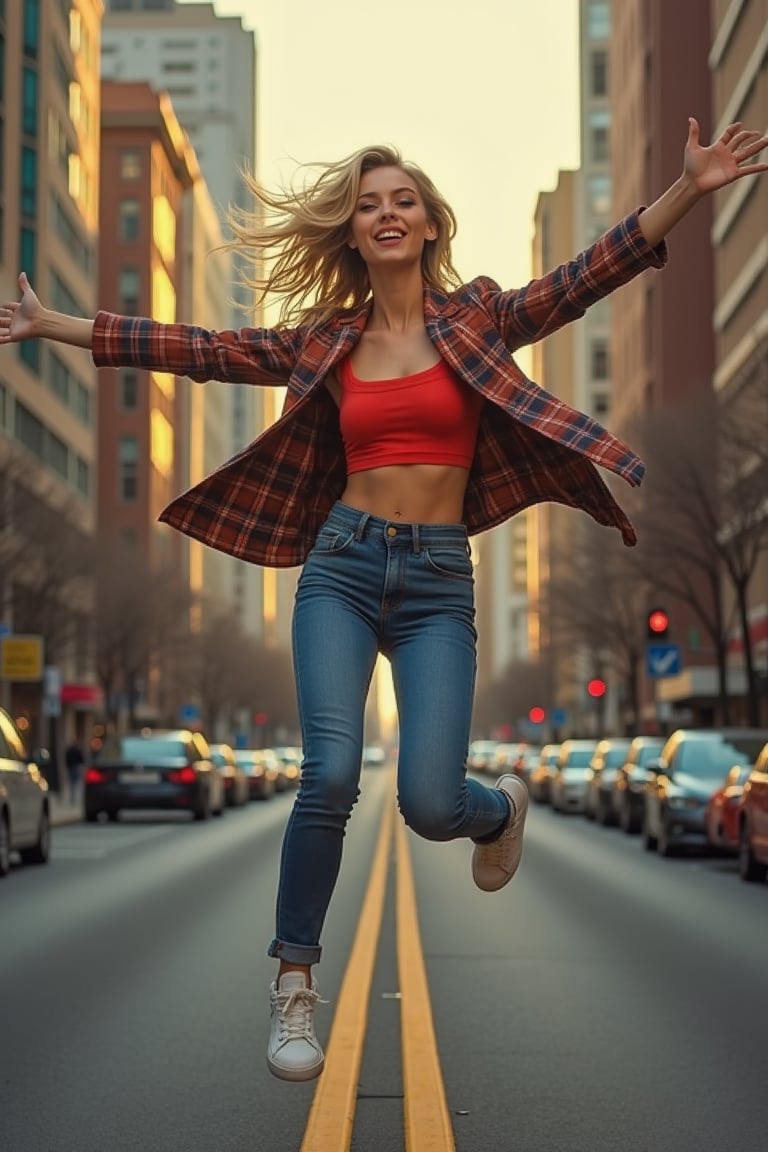 Ar89,concept art,

A vibrant urban portrait of a woman in mid-air, captured in a dynamic pose. She is dressed in a plaid blazer, a red crop top, and blue jeans, paired with white sneakers. Her blonde hair flows freely, and she extends her arms outwards, creating a sense of freedom and joy. The setting is a city street with tall buildings in the background, showcasing a mix of modern and traditional architectural styles. The road is marked with a yellow center line, and there are parked cars on either side. The color palette is dominated by the warm tones of the setting sun, which casts a golden hue over the scene. The overall style of the image is candid and spontaneous, capturing a fleeting moment in time.