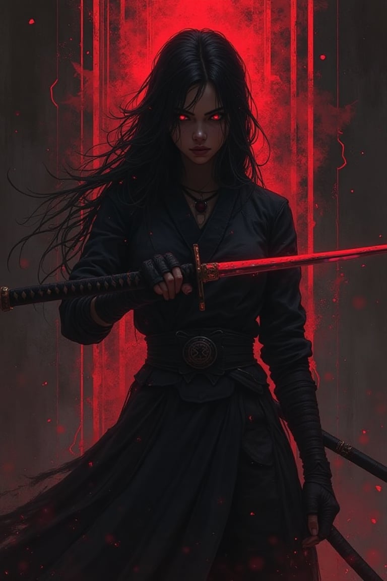 concept art, horror-themed,evil, gothic, Yharnam, A close-up digital artwork in mythp0rt anime style featuring a lone female ninja with long, flowing hair that cascades around her like dark, stormy waves. She stands in a fierce combat stance, holding her katana horizontally in front of her face. The blade gleams with a faint, 80s-inspired red glow, its sharp edge catching the dim, worn-out light around her. Her intense eyes, framed by the deep black of her hair and armor, lock onto her unseen opponent with an unwavering, piercing gaze. The katana reflects the surrounding glow, creating angular highlights, while the rest of the image is consumed by shadowy blackness. Behind her, abstract, geometric lines run vertically, like cosmic energy pulsing through a swirling, textured background of deep reds, oranges, and blacks—evoking the vastness of space. The cosmic aura surrounds her, as if she’s standing on the edge of another dimension, poised for a battle that transcends time and space. The swirling nebula dust and rough textures add depth and mystery, blending minimalism with an otherworldly aesthetic. Her flowing hair, combined with the ethereal glow of her katana, captures the tension and power of the moment, making her presence both commanding and cool in this dark, atmospheric scene., eerie, unsettling, dark, spooky, suspenseful, grim, highly detailed