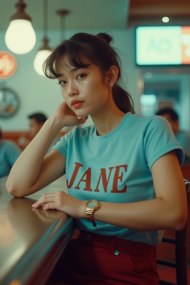 UrbanPhoto,

A portrait of a young woman seated at a bar counter, captured in a candid moment. She is dressed in a light blue t-shirt with the word 'JANE' printed on it, paired with a deep red skirt. Her hair is styled in a casual, tousled manner, and she wears a gold watch on her left wrist. The setting appears to be a retro-styled bar or diner, with a focus on the counter and the woman's contemplative expression. The background is blurred, emphasizing the subject, and the lighting is soft, creating a warm ambiance. The color palette is dominated by cool tones, with the blue of her shirt standing out against the muted colors of the surroundings.