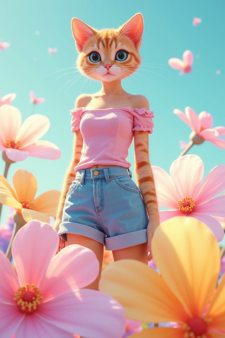 A anthropomorphic cat, beautiful, wearing an off the shoulder top and denim shorts ,with large colorful flowers on a background of giant pastel colored flower petals, perfect body shape, cute pose, bright light blue sky, photorealistic portraits in the style of giant pastel colored flower petals, light purple green pink yellow colors, solid color backgrounds, hyper realistic photography, romantic charm, cute cartoonish designs
