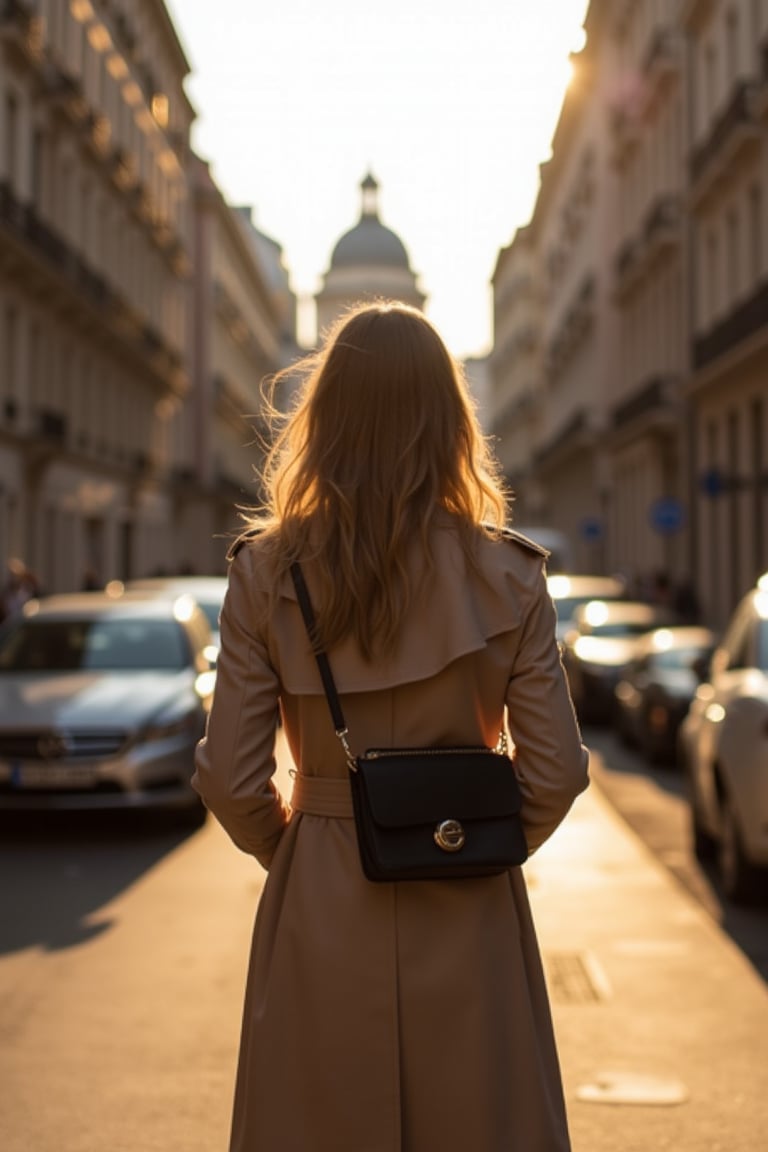 UrbanPhoto,

A candid street photograph capturing a moment in an urban setting during what appears to be the golden hour. The main subject is a woman with long, wavy hair, standing on the sidewalk, facing away from the camera. She is dressed in a long, beige trench coat and carries a black handbag. The woman's pose is relaxed, with her back to the viewer, allowing a clear view of her profile. The surroundings are characterized by classic European architecture, with tall buildings lining the street. Cars are parked along the curb, and the background reveals a distant view of a building with a dome. The lighting suggests it's either early morning or late afternoon, casting a warm, golden hue over the scene. The image is styled with a shallow depth of field, emphasizing the woman and the immediate surroundings while blurring the background. The color palette is dominated by earthy tones, with the beige of the woman's coat standing out against the muted browns and grays of the buildings and street.