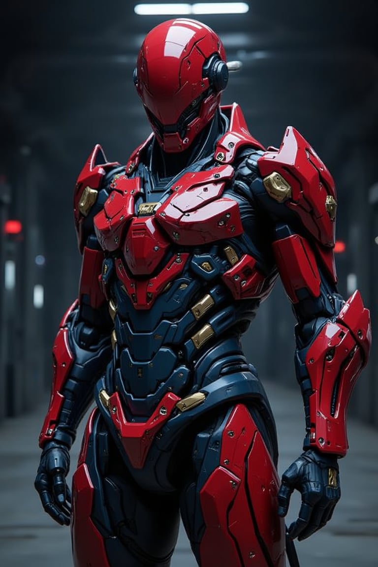 a highly detailed, professional, award-winning image of a male soldier wearing a sleek, shiny, predominantly red and blue futuristic suit of armor with gold accents on the shoulders and arms, standing in a dark room with a high ceiling and bright lights, with a red helmet featuring a large visor covering the entire face, the armor composed of multiple layers including a chest plate, arms, and chest plates, all made of metal.
