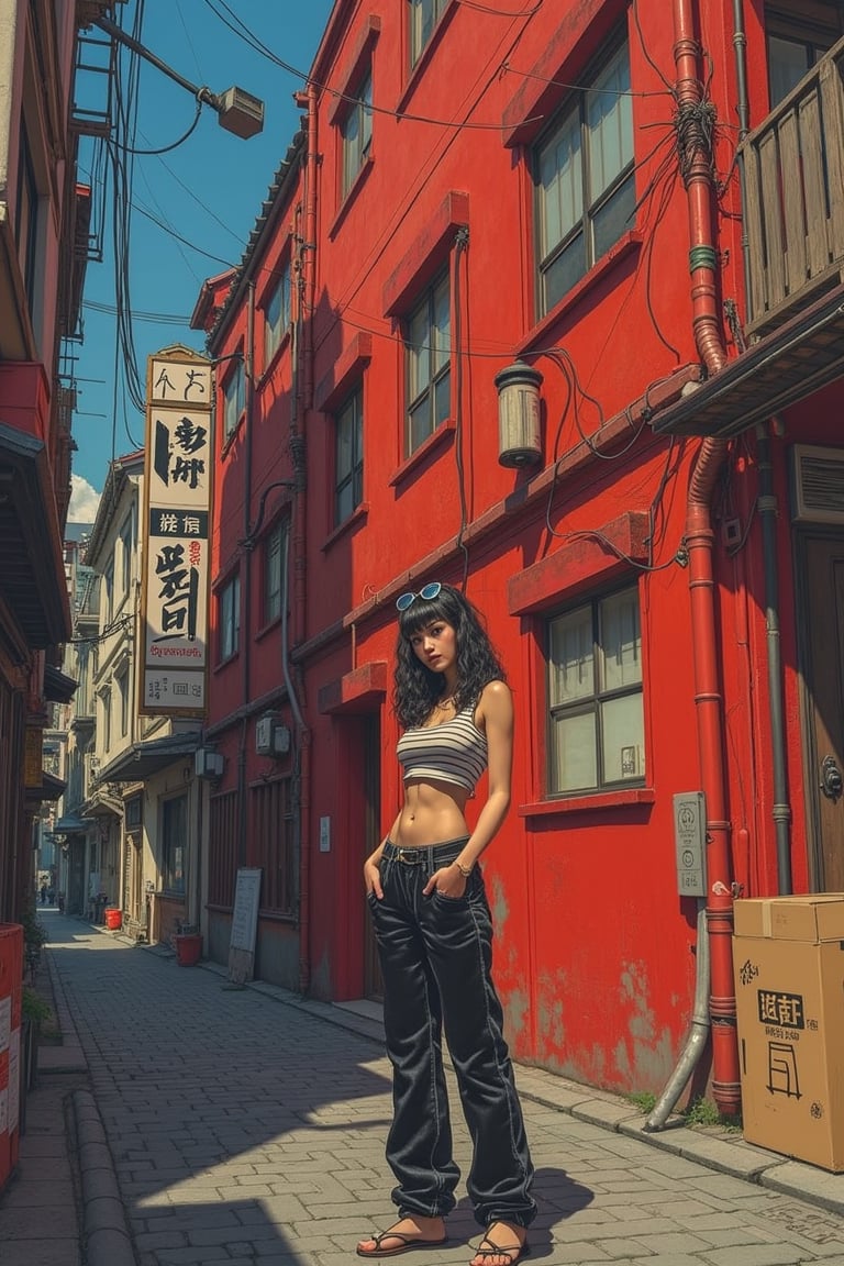 realism,Ar89,concept art,

A vivid urban scene featuring a person standing in the foreground against a backdrop of a traditional Japanese building. The person is dressed in a striped crop top and velvety pants, with a pair of sunglasses perched atop their head. The building itself is painted in a striking shade of red, with intricate details like pipes, wires, and a sign in Japanese characters. The ground is paved with cobblestones, and there's a cardboard box to the right. The overall color palette is dominated by warm tones, with the red of the building contrasting against the cooler blues and grays of the surroundings.