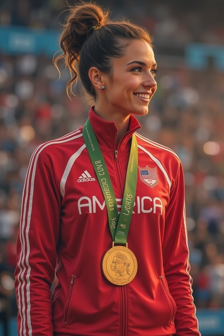 Masterpiece, realistic, Award ceremony at paris olympic games, Show off your gold medal, Happy, high quality, high quality, High resolution, (Super detailed), Olympic, athlete from America,  Tracksuits, Upper Body, paris olympic title on her clothes