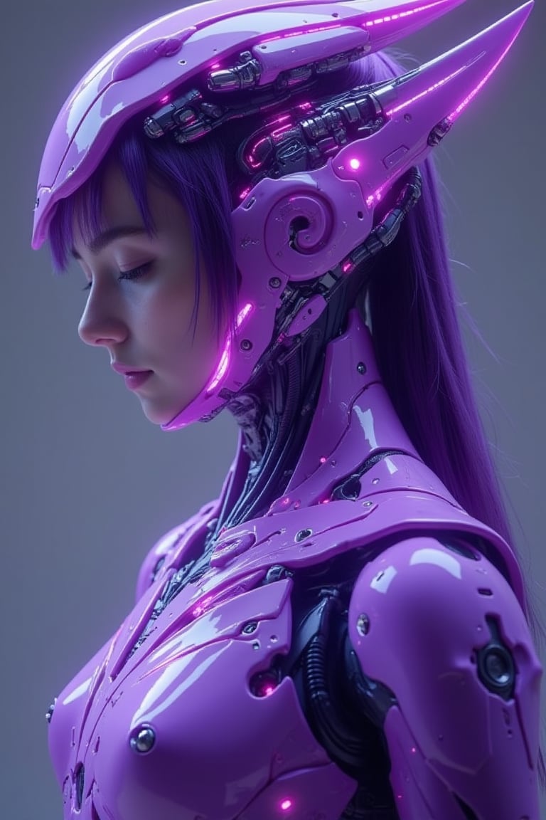 A close-up shot of a matte polycarbonate surface reflecting a translucent, purple armoured suit worn by a girl. The suit's intricate details and vibrant purple hue blend seamlessly with the reflective material. The lighting is soft and ethereal, highlighting the translucent elements and casting subtle shadows. The composition is centered, focusing on the girl's form within the armoured suit and the smooth, reflective surface.,BionicSkin,bladesxhan23
