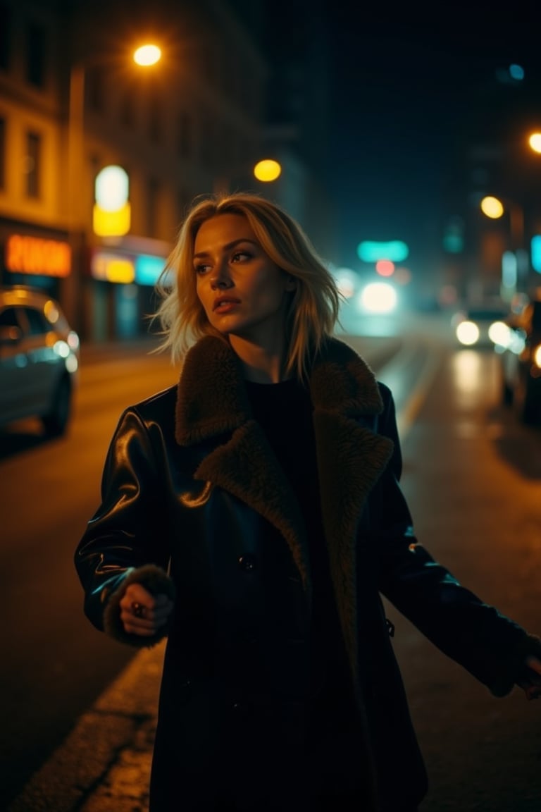 CridLight, 
A moody, atmospheric portrait of a woman standing on a city street at night. She is dressed in a shiny, dark coat with a fur collar, and her pose is contemplative, with her arms outstretched. The setting is illuminated by the warm glow of streetlights, casting a golden hue over the scene. The background is blurred, emphasizing the woman as the main subject. The color palette is dominated by deep blues, blacks, and warm yellows, creating a sense of depth and contrast. The style of the image leans towards a contemporary, urban aesthetic, with a focus on mood and atmosphere over detailed realism.