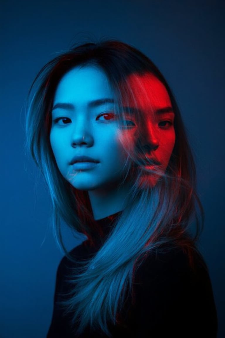 A portrait of a person with a striking contrast of colors. The subject's face is illuminated with a combination of blue and red hues, creating a visually captivating effect. The blue light appears to be emanating from the left side of the face, while the red one seems to be on the right side. The person's gaze is intense and direct, with a neutral expression. The background is dark, which accentuates the subject's features and the vibrant colors of the image. The style of the portrait leans towards a modern, artistic interpretation, with the use of color and light to evoke emotion and mood. A portrait of a woman, captured in a digital art style. The color palette is dominated by shades of blue and red, creating a striking contrast against the cool background. The woman's face is the focal point, with her gaze directed slightly to the side. Her hair is long and wavy, cascading down her shoulders. The lighting is soft yet directional, highlighting the contours of her face and the texture of her hair. She wears a dark-colored top, and the overall mood of the image is contemplative and serene.
