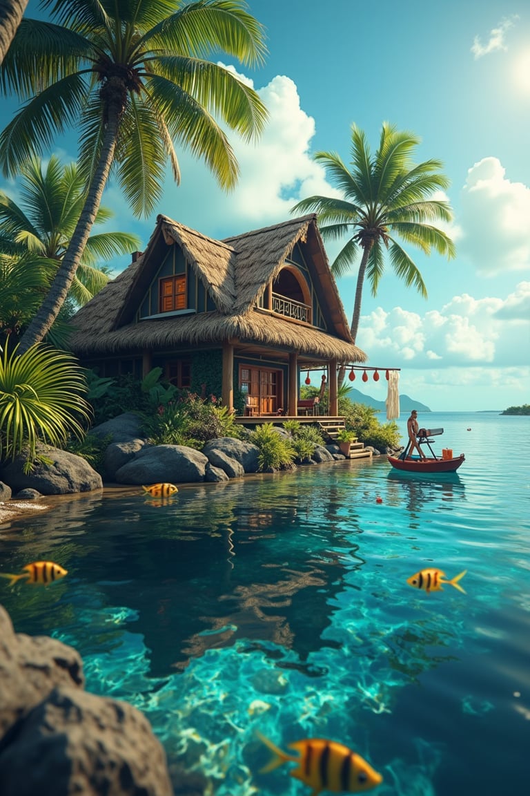 MAGICAL cute STORYBOOK tropical bay , shabby STYLE lovely house on the tropical bay ON THE book PAGE, summer, tropical fish in the water. Modifiers: highly detailed dof trending on cgsociety steampunk fantastic view ultra detailed 4K 3D whimsical Storybook beautifully lit etheral highly intricate stunning color depth disorderly outstanding cute illustration cuteaesthetic Boris Vallejo style shadow play The mood is Mysterious and Spellbinding, with a sense of otherworldliness otherwordliness macro photography style LEONARDO DIFFUSION XL STYLE vintage-boho