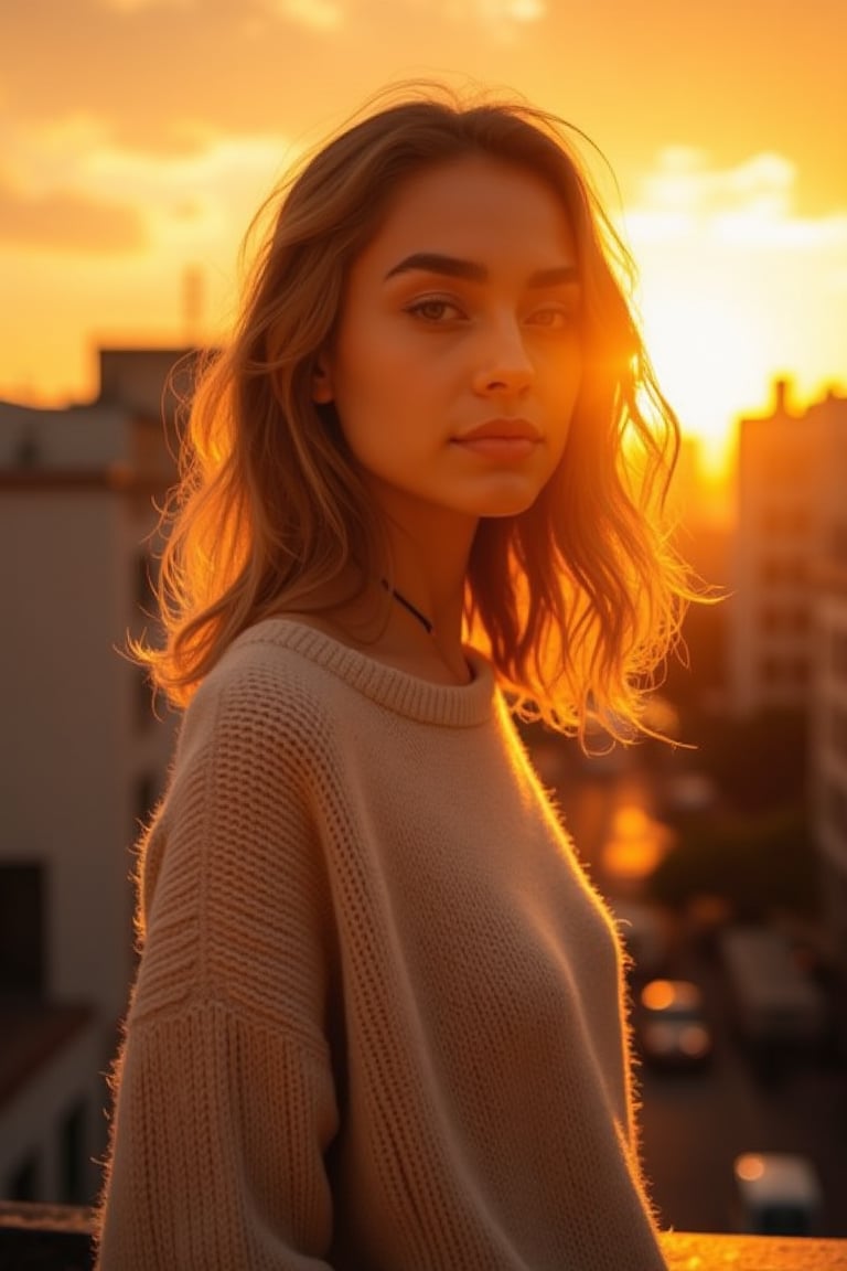 UrbanPhoto,

A portrait of a woman captured in a side profile, bathed in the warm glow of the setting sun. She stands on a rooftop, with the sun casting a golden hue over the scene. The woman's wavy hair flows freely, and she wears a light-colored sweater. The background reveals a cityscape with buildings, and the overall color palette is dominated by warm oranges, yellows, and browns, creating a serene and contemplative atmosphere.