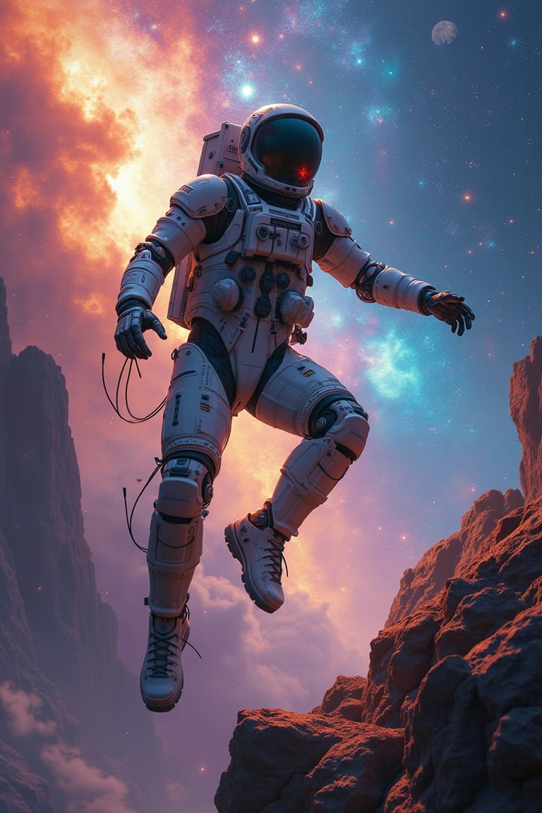 A futuristic male android astronaut, journey to the edge of universe, the big bang of universe at the background, for youtube thumbnail, vibrant colors, sharp focus, masterpiece, best quality, Photorealistic, ultra-high resolution, Hyper detailed, hyper realistic, MASTERPIECE by Aaron Horkey and Jeremy Mann