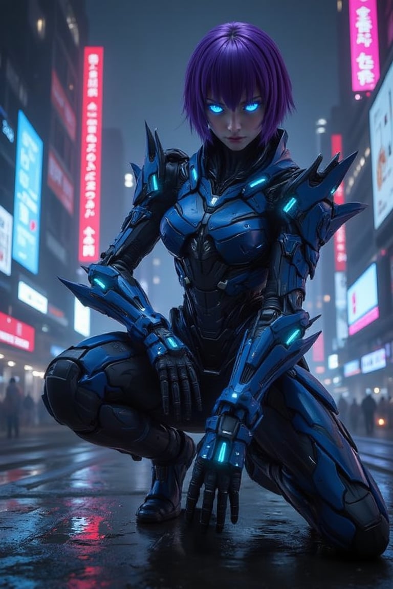 A vivid cyberpunk-inspired digital artwork featuring a central female figure with short, purple hair and glowing blue eyes. She is dressed in a futuristic, armored suit with intricate details, predominantly in shades of blue and silver. The character is posed in a crouching stance, with one hand extended forward and the other resting on her knee. The background is a bustling cityscape at night, illuminated by neon signs in various colors, including red, blue, and green. The city appears to be in a state of advanced technology, with skyscrapers and holographic advertisements visible. The overall color palette is dominated by cool tones, with the neon lights adding a pop of warmth to the scene.
