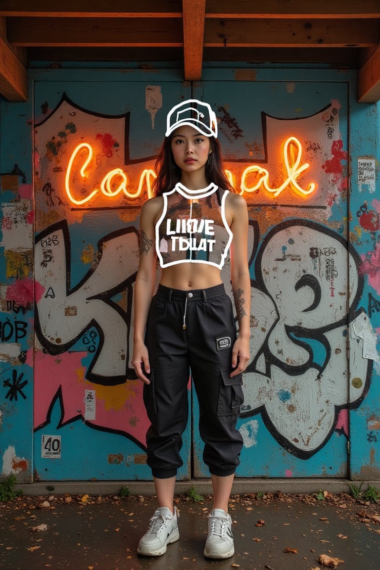 A cinematic photo of a stunning a women stand on the wall with grafitti art. She wear a invisble crop top and invisible basketball cap. Cute face