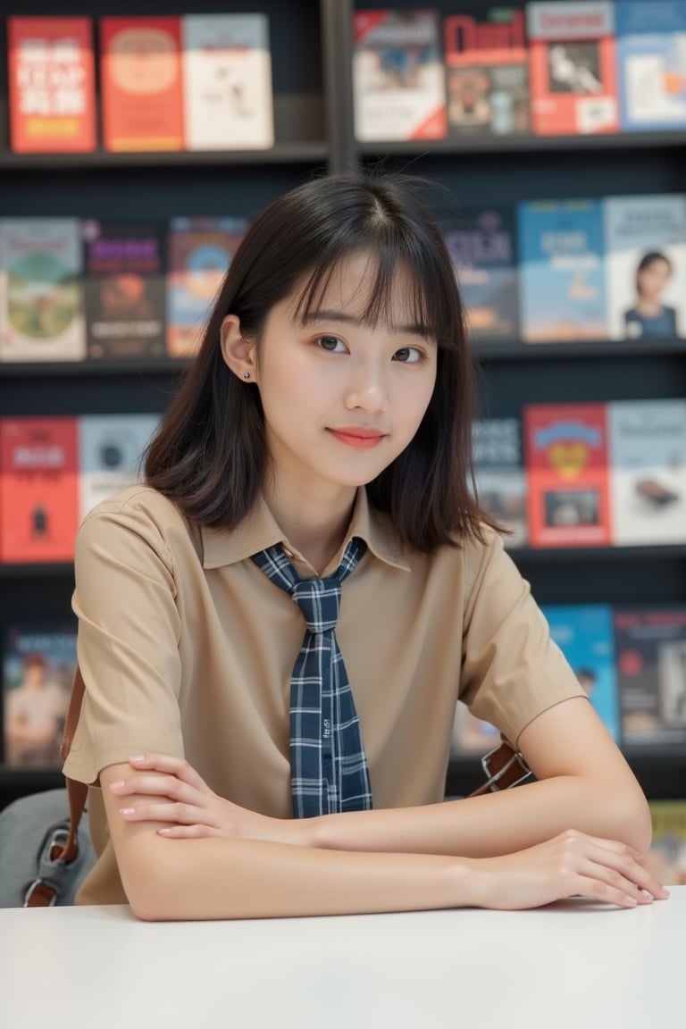 UrbanPhoto,

A portrait of a young woman, captured in a candid moment. She is dressed in a beige shirt with a blue and white checkered tie, accessorized with a gray messenger bag. Her dark hair is styled straight, and she rests her head on a white surface, possibly a table or counter. The background reveals a bookshelf filled with various books and magazines, predominantly in colors like red, blue, and white. The overall style of the image is casual and relaxed, with a focus on the subject's attire and the ambiance of a bookstore or bookstore setting.