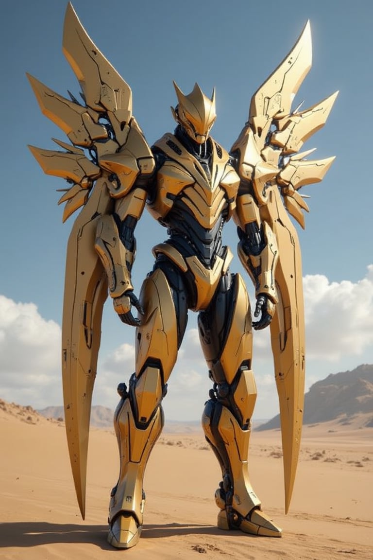 A striking, golden-hued robotic figure with intricately detailed armor stands proudly in a sprawling desert. The figure features large, mechanical wings that shimmer in the sunlight, adding an angelic presence. The armor is sleek and reflective, highlighting its advanced technology with visible joints and mechanical components. The headpiece is sharp and aerodynamic, with a visor that conceals the face, emphasizing the figure's otherworldly nature. The background consists of endless sand dunes and distant rock formations under a clear, vibrant blue sky, giving the scene a sense of vastness and serenity. The overall mood is regal and powerful, with the golden figure exuding an aura of divinity in the desert landscape.
