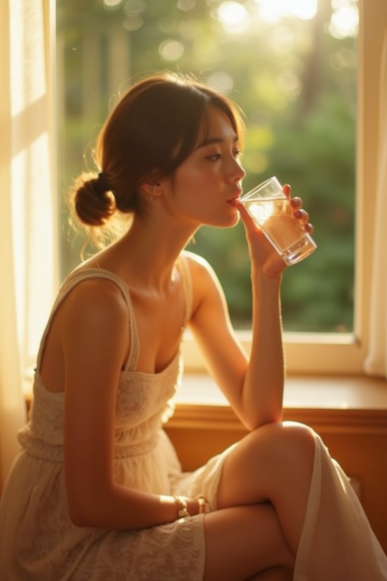 CridLight, 
A serene, sunlit portrait of a young woman seated by a window. She is captured in a side profile, sipping from a clear glass. The sunlight filters through the window, casting a warm, golden hue over the scene. The woman's hair is pulled back into a ponytail, and she wears a delicate, translucent dress. The background is softly blurred, emphasizing the bokeh effect of the sunlight and the greenery outside. The overall mood of the image is tranquil and contemplative.