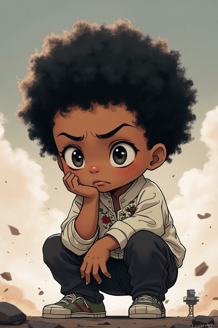 {{{masterpiece}}}, {{{best quality}}}, {{ultra-detailed}}, {beautiful detailed eyes}, 1boy, Ink hair, short afro hair, Ink eyes, confused, squatting, stratosphere, upper body, Embroidered shirt,chibi emote style,chibi,emote