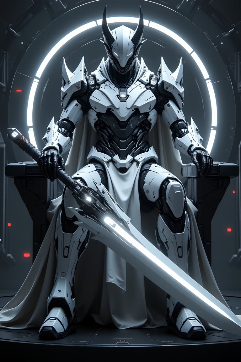 ```
a futuristic figure seated on a high-tech throne, clad in a sleek, white and black armored suit. The figure's helmet features intricate, horn-like protrusions, giving a regal yet menacing appearance. The big sword in front it with glowing. The throne is surrounded by a glowing circular frame, emitting a soft, white light that highlights the figure's mechanical details and the flowing white robes draped over the armor. The background is dark and industrial, contrasting with the illuminated elements and the figure's pristine armor, creating a striking image of power and authority in a high-tech setting.
```