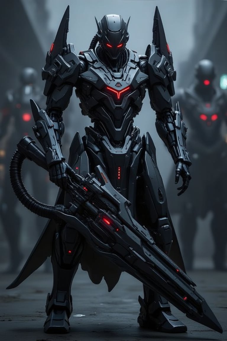 A detailed digital artwork portraying a futuristic robotic figure in a dynamic pose. The robot is predominantly black and silver, with intricate mechanical details and glowing red eyes. It wields a large, detailed firearm, suggesting a high-stakes combat scenario. The background is blurred, emphasizing the robot as the main subject, and it appears to be set in a dimly lit environment with hints of other robots and machinery. The style of the image leans towards a sci-fi or cyberpunk aesthetic, with a focus on high-tech elements and a moody atmosphere.
