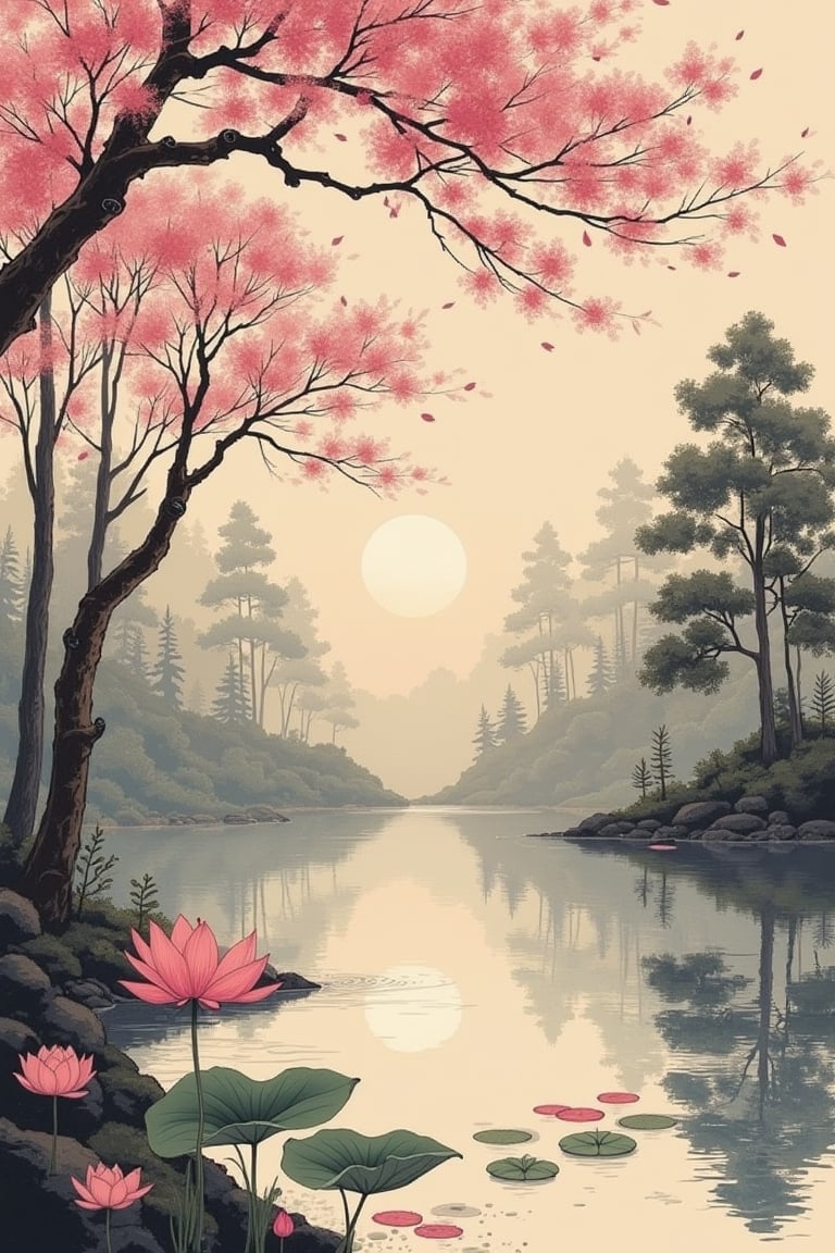 ink scenery, no humans, lake, trees, sunset, muted colors, blooming branches with pink flowers, flowers fall on the water, lotus flower on the water, lake in the middle of the forest, negative space, chinese ink drawing