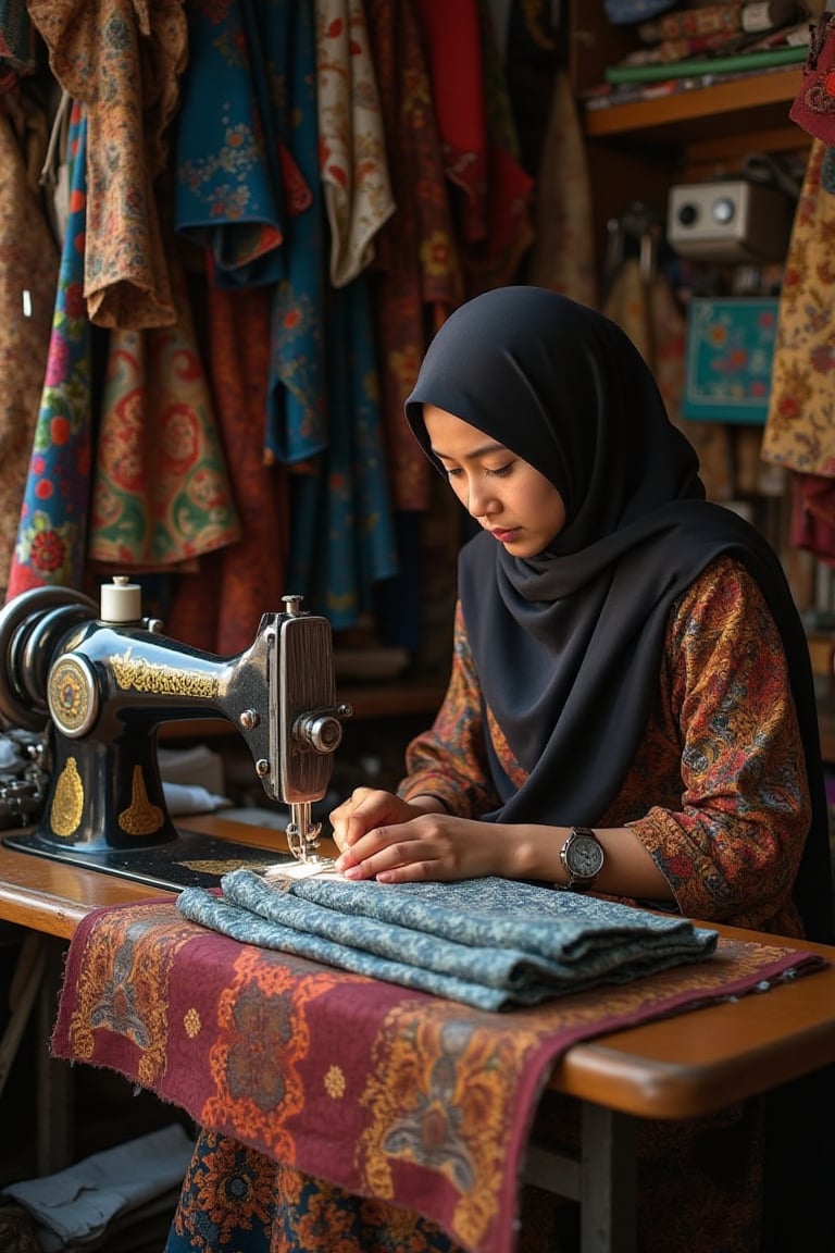 a malay women as, tailor skillfully sewing traditional batik patterns at a small shop in Yogyakarta, Indonesia, surrounded by colorful fabrics and intricate designs