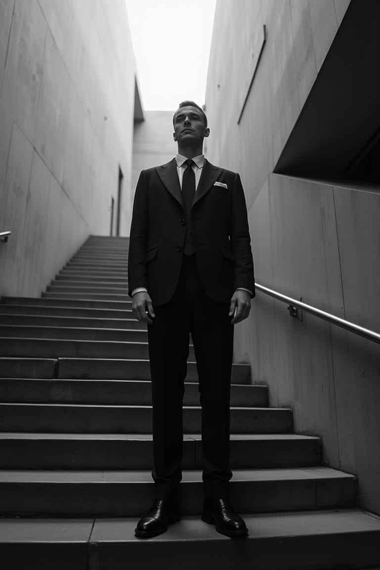 UrbanPhoto,

A monochromatic, high-contrast photograph capturing a man in a sharp, tailored suit standing on a series of concrete steps. The man's pose is upright, exuding confidence, with his hands resting casually by his sides. The surroundings are characterized by a minimalist architectural style, with clean lines and geometric shapes. The dominant colors are shades of gray, black, and white, creating a moody and atmospheric ambiance. The image exudes a sense of sophistication and modernity, with the man's sharp attire and the play of light and shadow adding depth and dimension.