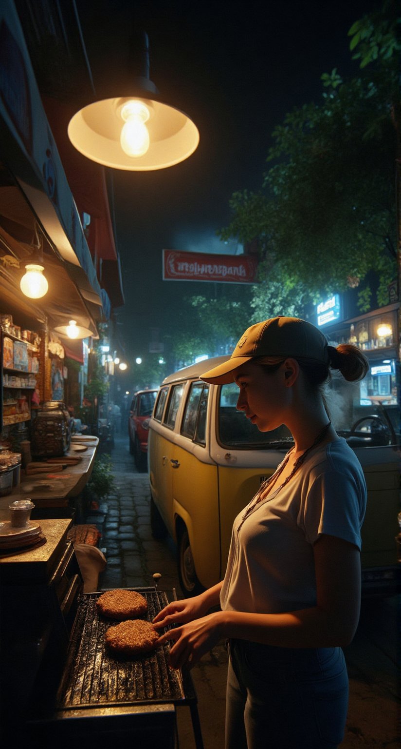 A woman, donning a cap, stands proudly in front of a small burger stall, bathed in the warm glow of a spot light. She expertly flips a burger patty on the grill as the scent of sizzling meat wafts through the air. The background features a classic van parked behind her stall, nestled at the back alley of restaurants, with the sounds and smells of the street carrying through.