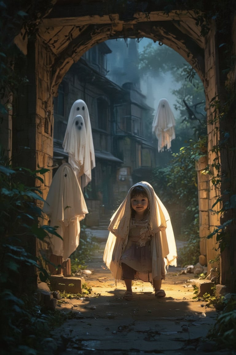 A whimsical scene unfolds lit by a spot light as a joyful kid plays with translucent smoky ghosts amidst the eerie backdrop of a haunted house at night. Soft, golden lighting illuminates the atmosphere, casting an otherworldly glow on the transparent specters floating around. The child's happiness radiates through their bright smile and carefree laughter. Against the dark aura, the kid's features are finely detailed, with subtle textures and shading. In the foreground, the ghostly apparitions appear wispy and ethereal, while in the background, the haunted house's crumbling facade looms large. The composition is perfectly framed within a stunning 16K UHD image, showcasing an unparalleled level of detail.

(Detailed face and eyes), detailed body,SPOT