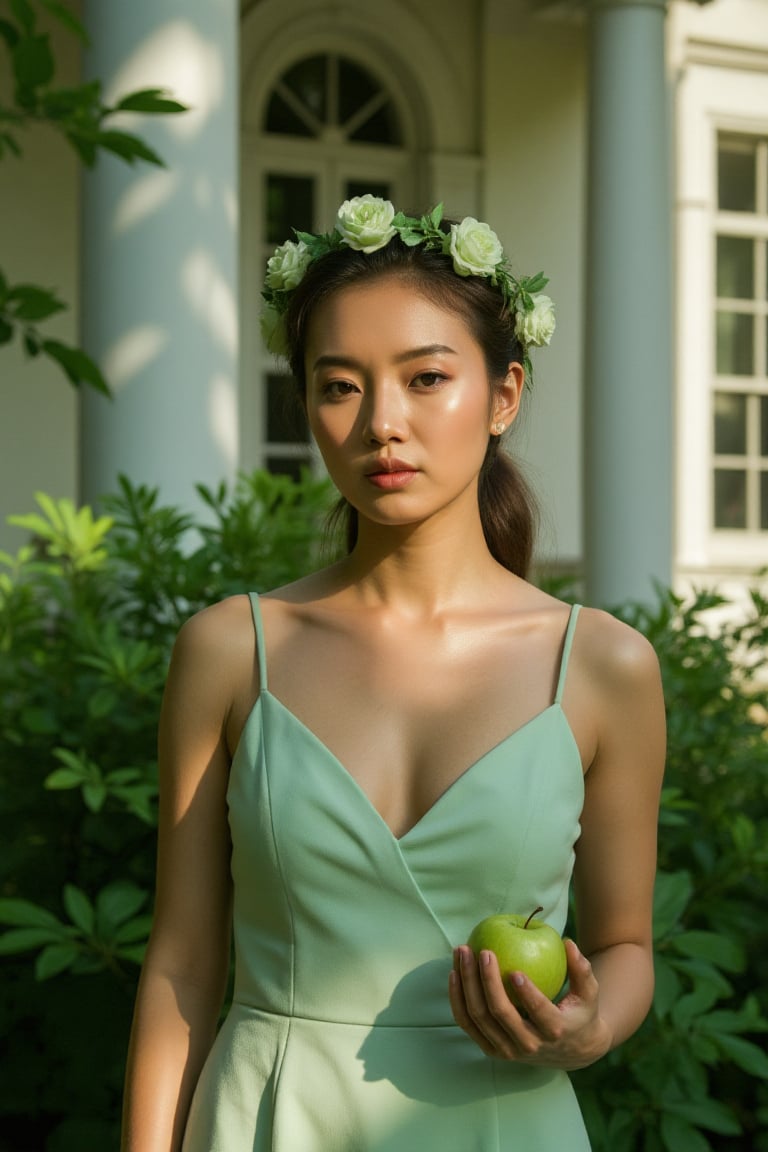 Mint green elegance: Close-up shot of a youthful woman posing amidst lush foliage. Her delicate features are illuminated by dappled tree shadows, accentuating the subtle curves of her mint green flower crown and matching dress. A crisp green apple is held delicately in her hand, as if an offering to nature. The classic white house stands tall behind her, its columns and archways blending seamlessly into the verdant surroundings.