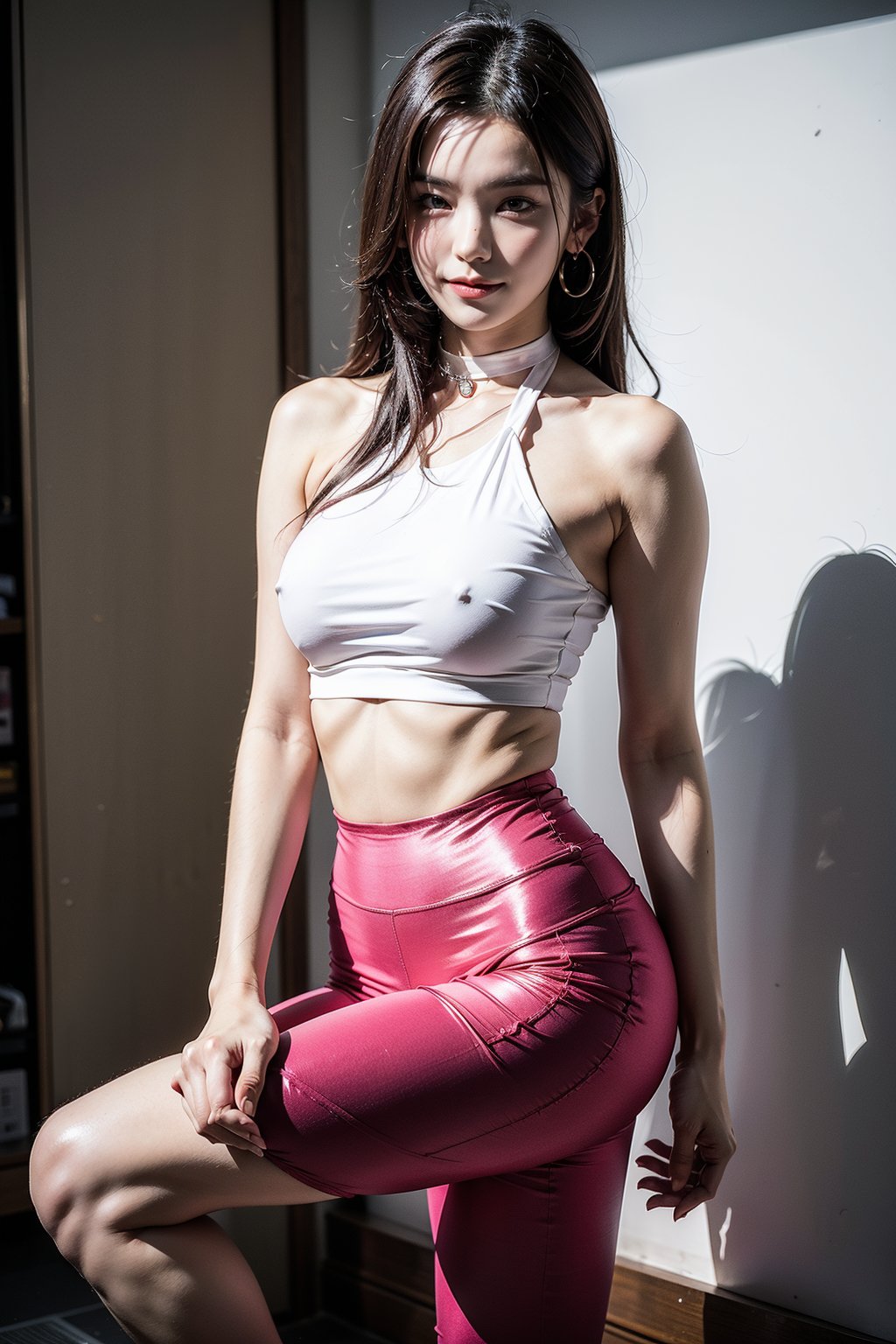 (Best Quality, 8k, 32k, Original Photo, Photorealistic, Ultra HD: 1.2), Realistic Rendering, looking at viewer, straight bob with long bangs, 16yo slender Korean fitness model, extremely slender, tight body, sexy pose, evil smile, extremely slim waist, choker, massive hoop earrings,(halter backless crop top, low cut skin tight leggings), stiletto high heels, masterpiece, best quality, photorealistic, high resolution, 8K raw photo,