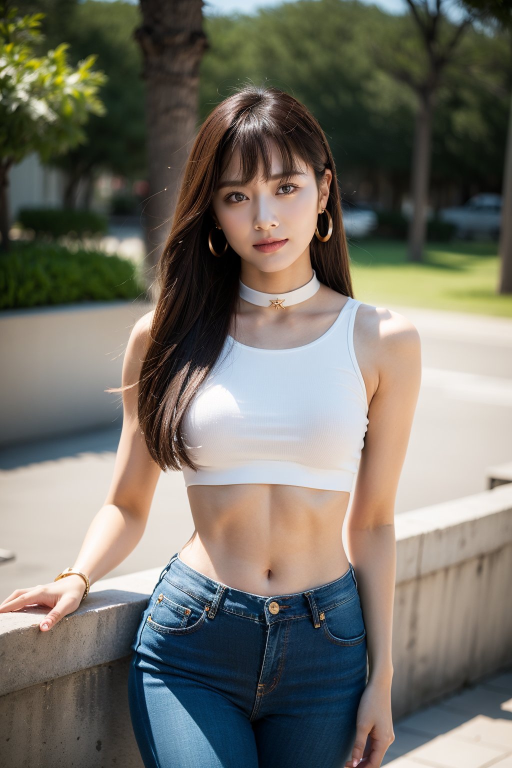 (Best Quality, 8k, 32k, Original Photo, Photorealistic, Ultra HD: 1.2), Realistic Rendering, looking at viewer, straight bob with long bangs, 16yo slender Korean fitness model, extremely slender, tight body, sexy pose, evil smile, extremely slim waist, choker, massive hoop earrings,(skin tight crop top, skin tight low jeans), stiletto high heels, masterpiece, best quality, photorealistic, high resolution, 8K raw photo,