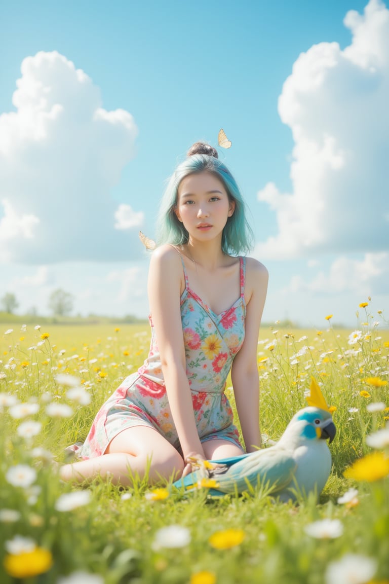 sitting in an open meadow, wild flowers and butterflies all around, happy, short light blue hair, top hair bun, cute summer dress, her little parrot sits beside her, glasses , slender girl