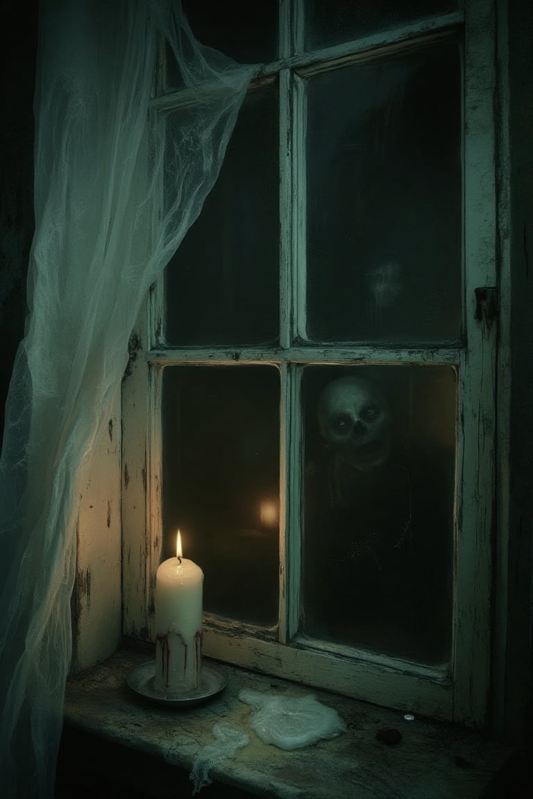 A dark, disturbing close-up image of an external view of a  dusty window with a tattered white curtain to the side, set in an old haunted house. Interior to the window, sitting on the windowsill, is a lit candle dripping wax down the side. In the background outside that room is just visible a haunting zombie in the candlelight.  It is night, and the dimly-lit scene is dark and foreboding.,DRK