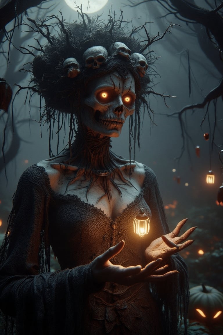 Generate hyper realistic image of a dark, haunting woman with macabre and mystical features. Her face is eerie and skeletal, covered in intricate patterns that resemble roots and vines, giving it a decaying, earthy appearance. Her eyes glow a bright, fiery orange. She is wearing crown-like headpiece made of twisted branches and skulls. The branches fan out from her head, some of them resembling gnarled tree roots, while numerous skulls are embedded within the design. Her clothing is dark and lacy, resembling an ancient, decayed wedding dress. The delicate lace details are contrasted by the rough, bark-like textures that blend into her skin. Her hands are elongated and bony, with sharp, claw-like fingers. Her body is mostly obscured by her dark clothing and the glowing energy she manipulates. The background is dark and shrouded in mist, with faint outlines of twisted trees and decaying branches.,Magicallights,divinelights DarkHalloween