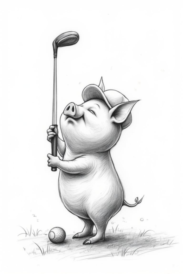 Black and white: Sketch: Line work: A pig playing golf. 