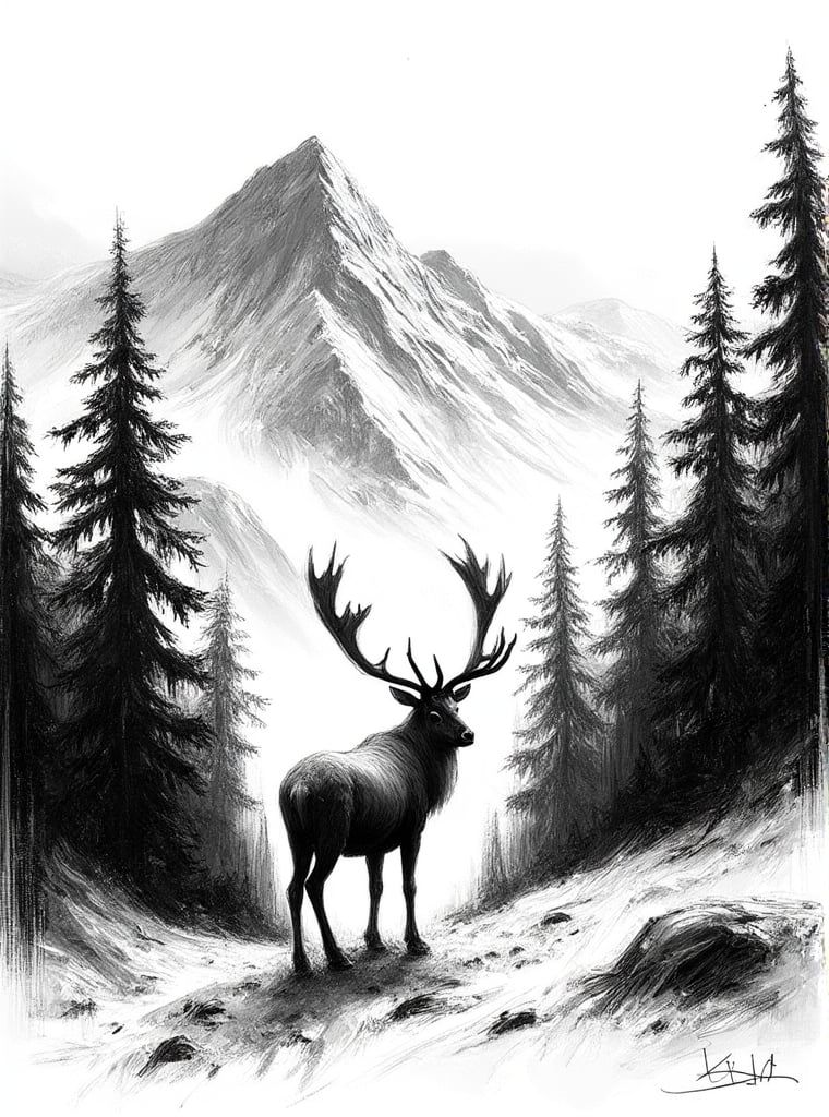 Black and white: Sketch: Line work: stencil: tall pine tree forest on the slopes of a high mountain range. The silhouette of a strong and big reindeer standing at the beginning of the forest, looking at the mountain.