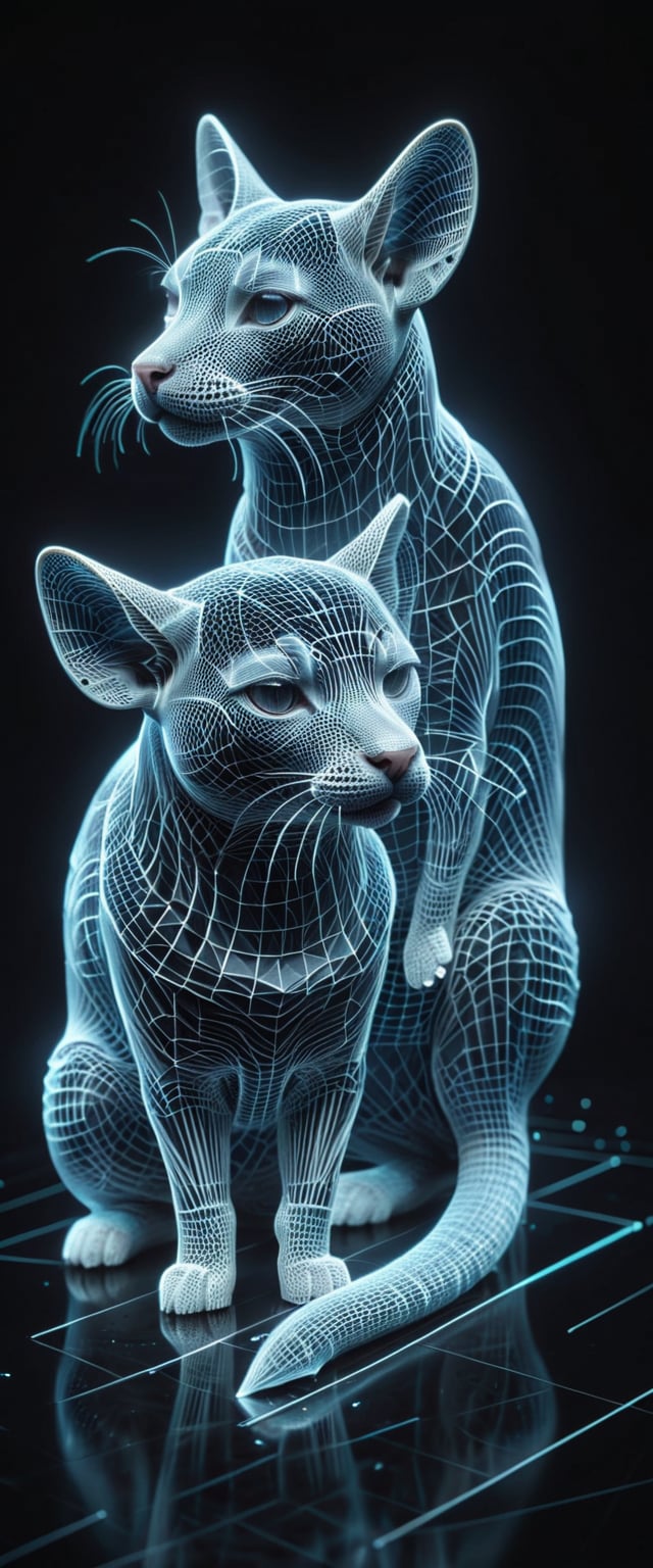 (Highly detailed and hyper-realistic lineart drawing portrait:1.3) of two (cute 3D wireframe polygonal Albert Einstein:1.4), (devon rex Albert Einstein:1.4), (sharp outlines:1.3), (low poly mesh:1.4), (wireframe view:1.3), looking at each other in love,  touching to each other, minimalistic design, well lit, (dark smoky gradient background:1.3), BREAK (full body shot:1.2), direct lighting, (muted colours:1.2), eye level, BREAK (extremely realistic and accurate:1.4), octane render, intricate, ultra-realistic, elegant, highly detailed,concept art, smooth, sharp focus, (bizarre and eclectic:1.5), three-quarters view, sharp hard lines, ral-3dwvz,noc-wfhlgr