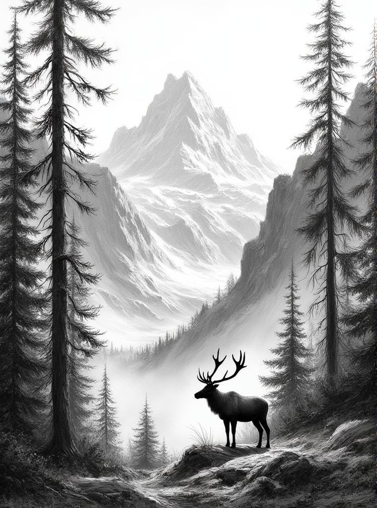 Black and white: Sketch: tall pine tree forest on the slopes of a high mountain range. The silhouette of a strong and big reindeer standing at the beginning of the forest, looking at the mountain.