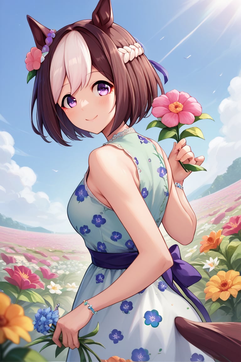 score_9_up, score_8_up, score_7_up, source_anime, 1girl, special week (Umamusume), smile, flowers, flower field, holding a flower, from behind, dress, floral print, sleeveless dress, looking at viewer,